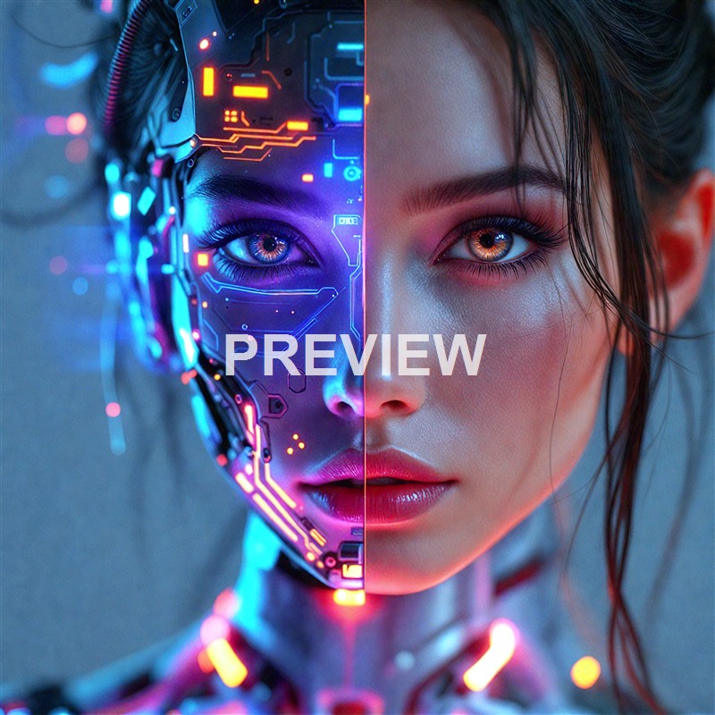 The image depicts a split face of a woman, with one half showing a human face with makeup and the other half displaying a futuristic, cybernetic, robotic face with glowing circuit patterns.